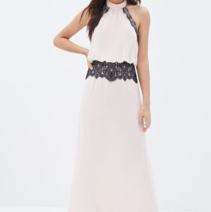 Pink and Black Lace Halter Maxi Dress